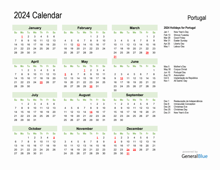 Holiday Calendar 2024 for Portugal (Sunday Start)