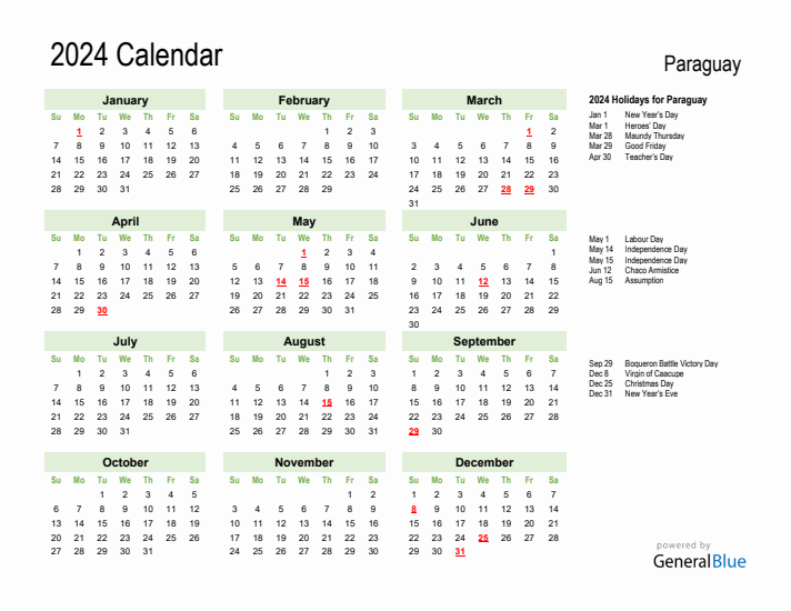 Holiday Calendar 2024 for Paraguay (Sunday Start)