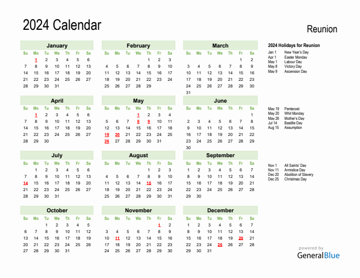 Holiday Calendar 2024 for Reunion (Sunday Start)