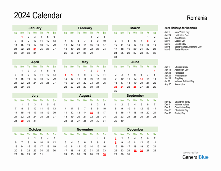 Holiday Calendar 2024 for Romania (Sunday Start)