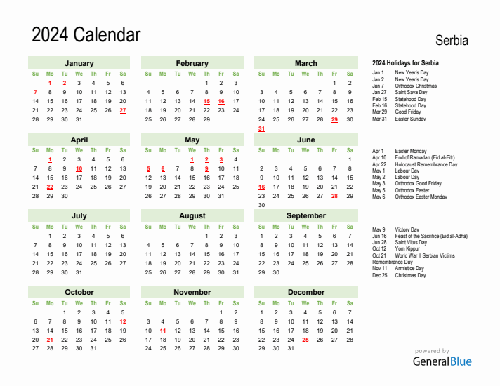 Holiday Calendar 2024 for Serbia (Sunday Start)