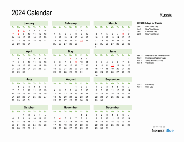 Holiday Calendar 2024 for Russia (Sunday Start)