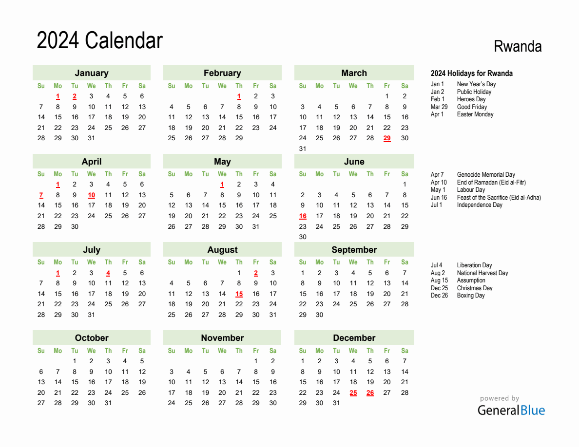 Holiday Calendar 2024 for Rwanda (Sunday Start)