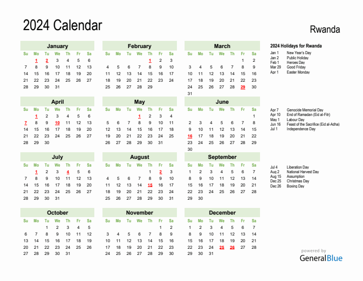 Holiday Calendar 2024 for Rwanda (Sunday Start)