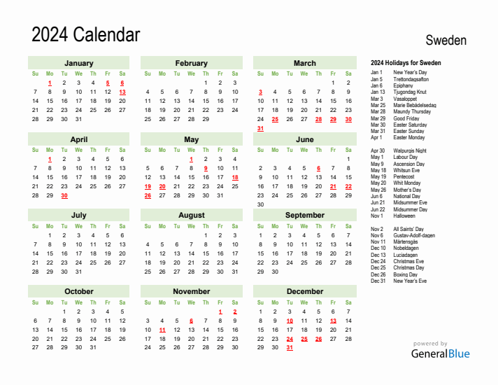 Holiday Calendar 2024 for Sweden (Sunday Start)