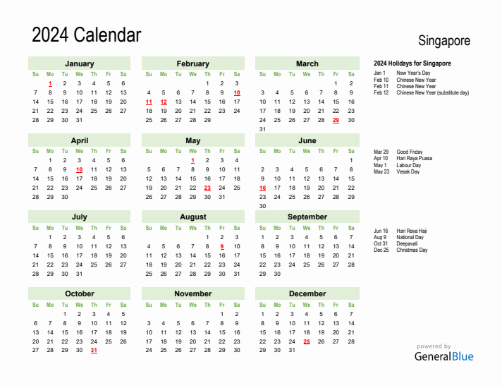 Holiday Calendar 2024 for Singapore (Sunday Start)