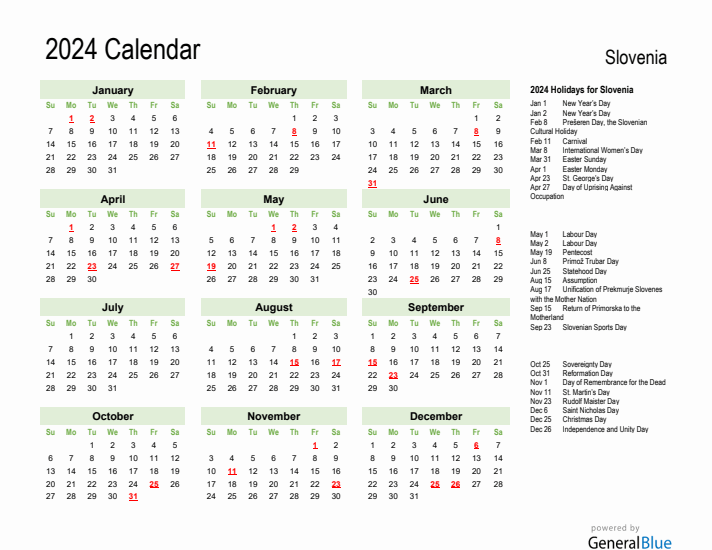 Holiday Calendar 2024 for Slovenia (Sunday Start)