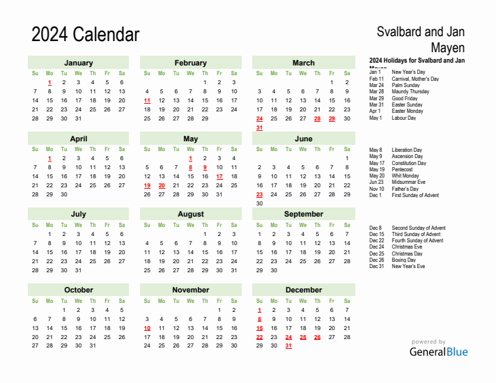 Holiday Calendar 2024 for Svalbard and Jan Mayen (Sunday Start)