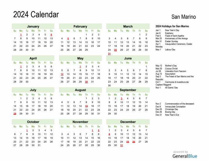Holiday Calendar 2024 for San Marino (Sunday Start)