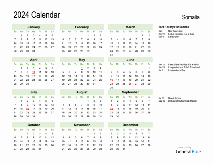 Holiday Calendar 2024 for Somalia (Sunday Start)