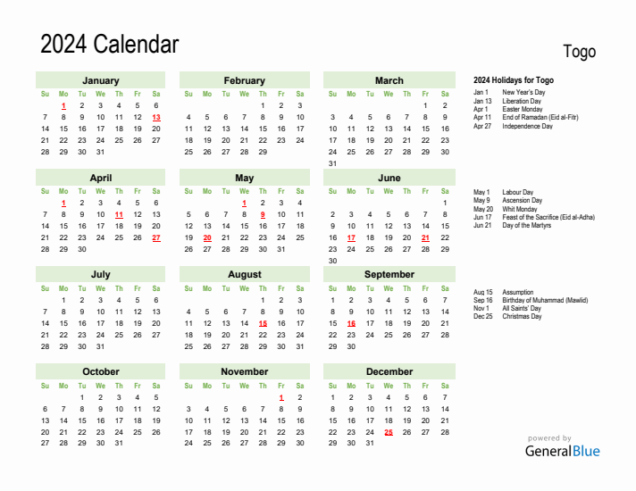 Holiday Calendar 2024 for Togo (Sunday Start)