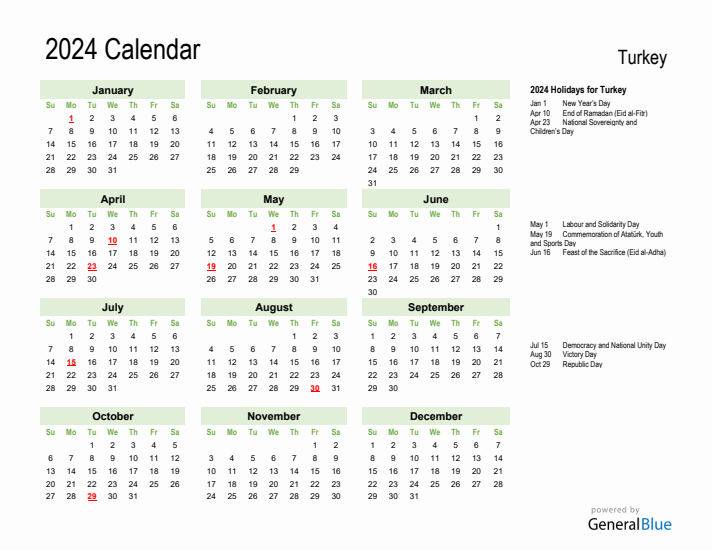Holiday Calendar 2024 for Turkey (Sunday Start)