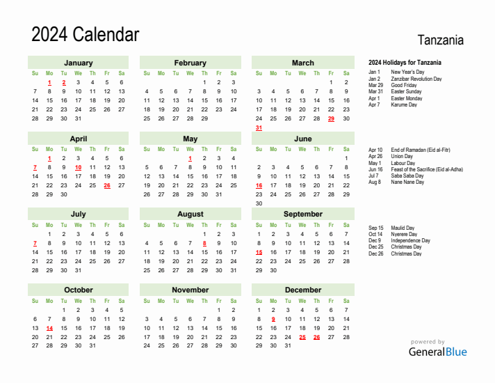 Holiday Calendar 2024 for Tanzania (Sunday Start)