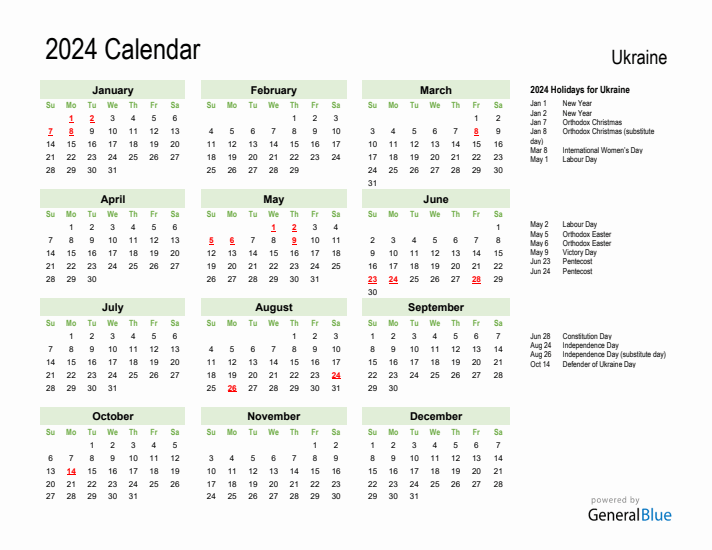 Holiday Calendar 2024 for Ukraine (Sunday Start)