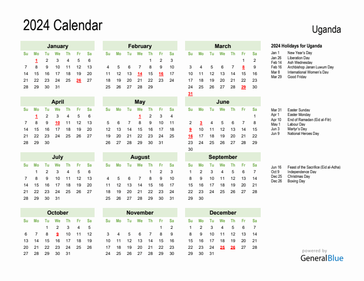 Holiday Calendar 2024 for Uganda (Sunday Start)