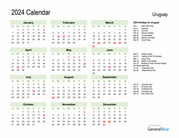 Holiday Calendar 2024 for Uruguay (Sunday Start)