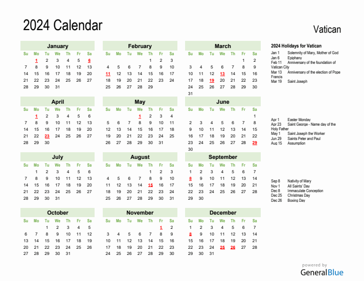 Holiday Calendar 2024 for Vatican (Sunday Start)