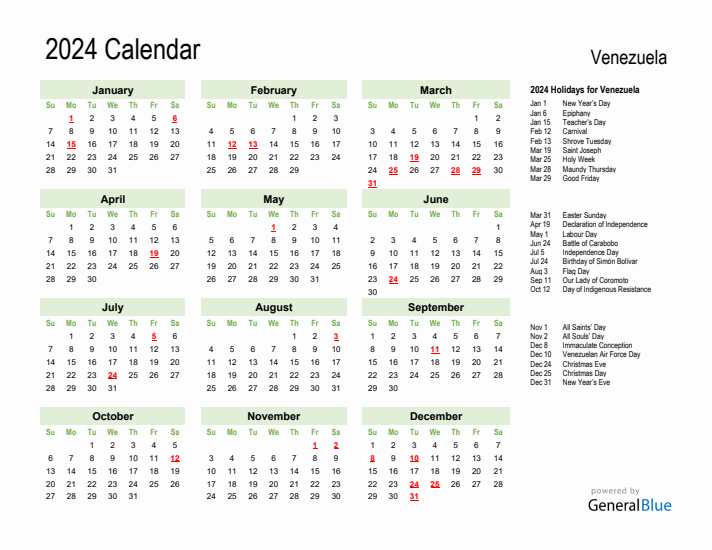Holiday Calendar 2024 for Venezuela (Sunday Start)