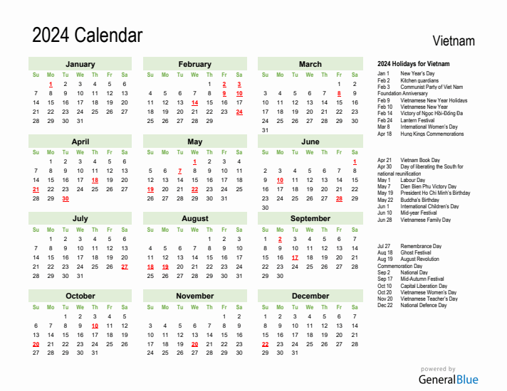 Holiday Calendar 2024 for Vietnam (Sunday Start)