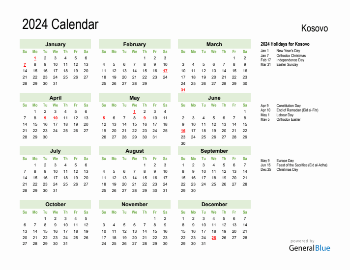 Holiday Calendar 2024 for Kosovo (Sunday Start)