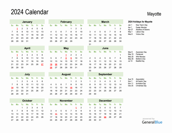 Holiday Calendar 2024 for Mayotte (Sunday Start)