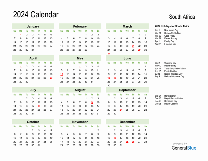 Holiday Calendar 2024 for South Africa (Sunday Start)