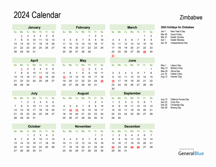 Holiday Calendar 2024 for Zimbabwe (Sunday Start)