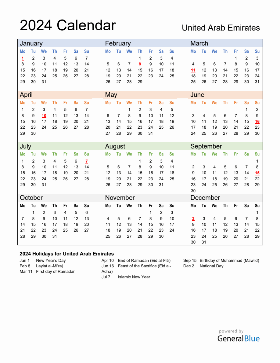 Annual Calendar 2024 with United Arab Emirates Holidays