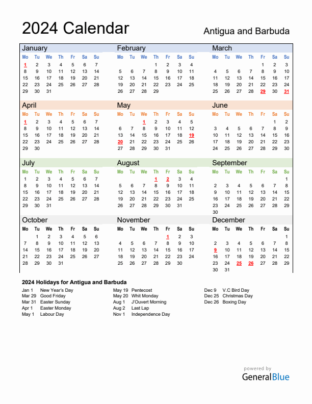 Calendar 2024 with Antigua and Barbuda Holidays
