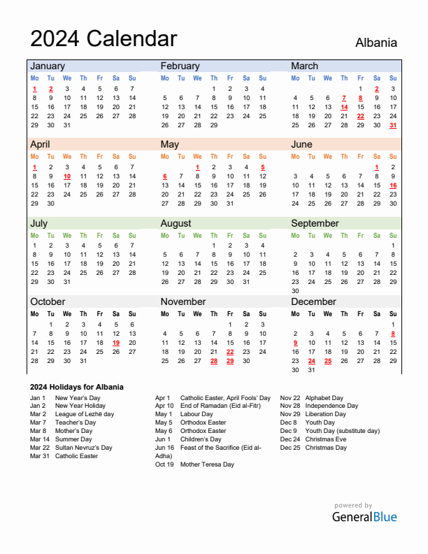 Calendar 2024 with Albania Holidays