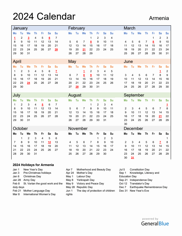 Calendar 2024 with Armenia Holidays