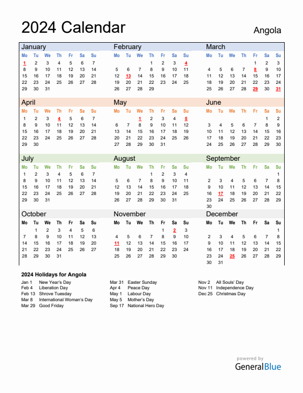 Calendar 2024 with Angola Holidays