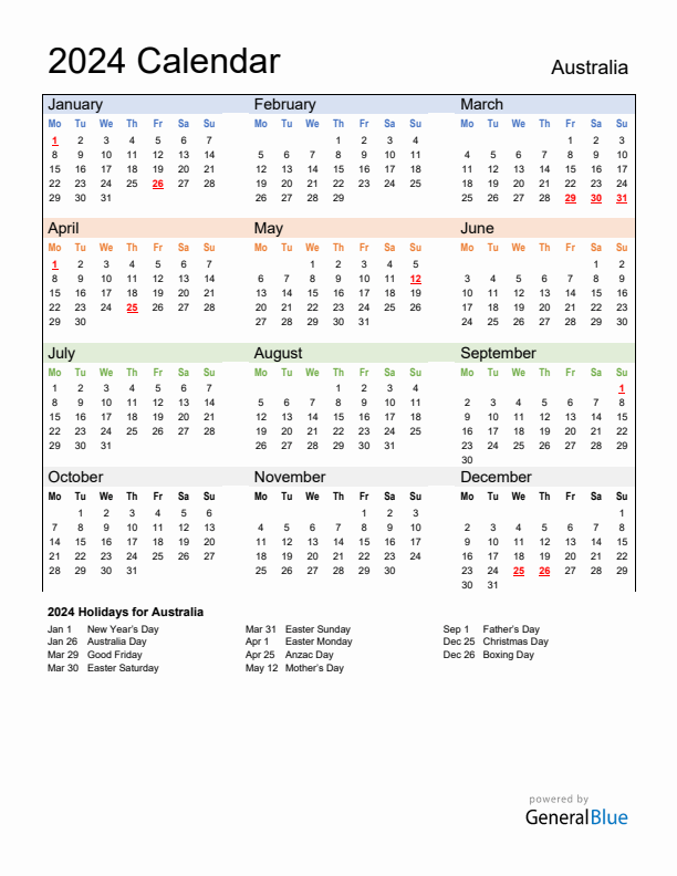 Calendar 2024 with Australia Holidays