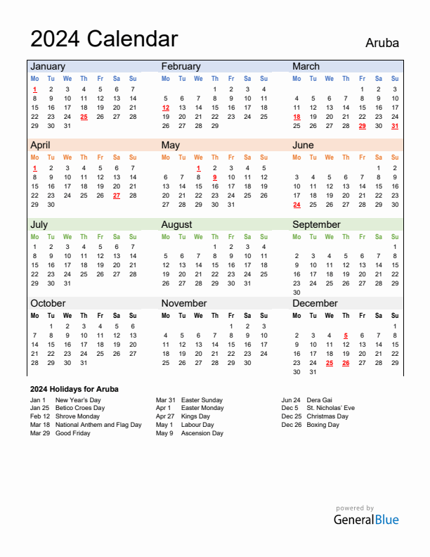 Calendar 2024 with Aruba Holidays