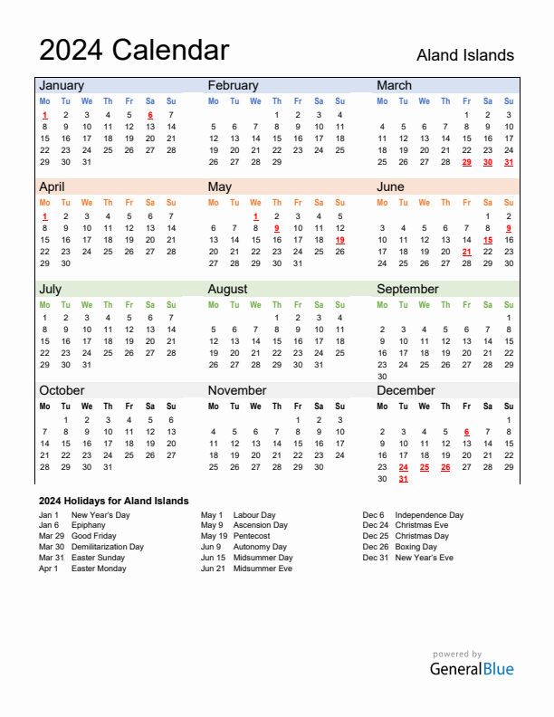 Calendar 2024 with Aland Islands Holidays