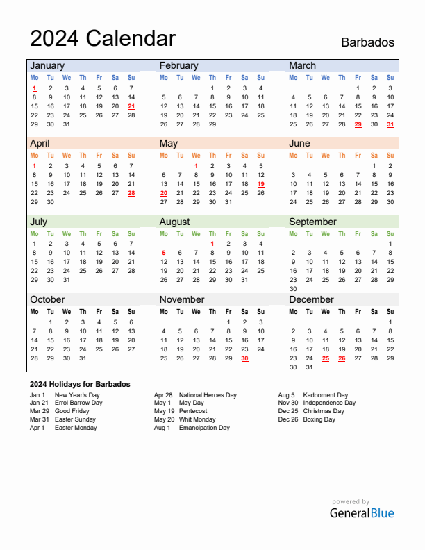 Annual Calendar 2024 with Barbados Holidays