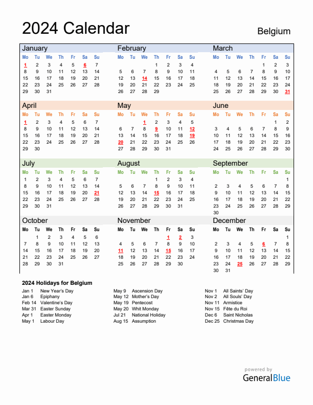 Calendar 2024 with Belgium Holidays