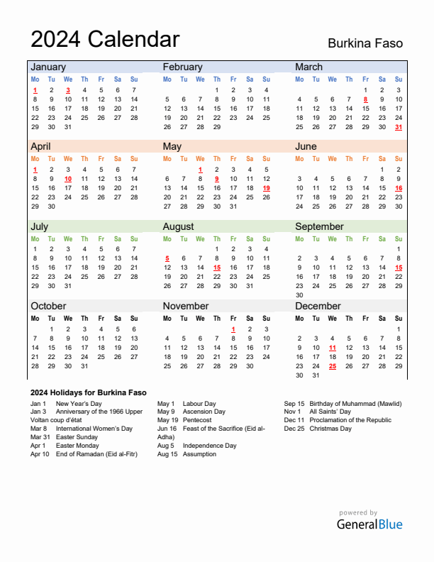 Calendar 2024 with Burkina Faso Holidays