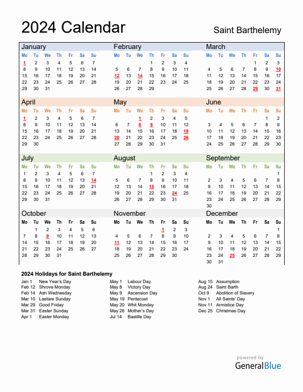 Calendar 2024 with Saint Barthelemy Holidays