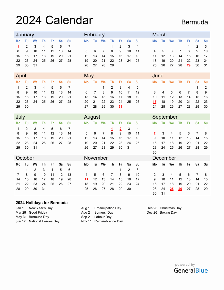 Annual Calendar 2024 with Bermuda Holidays