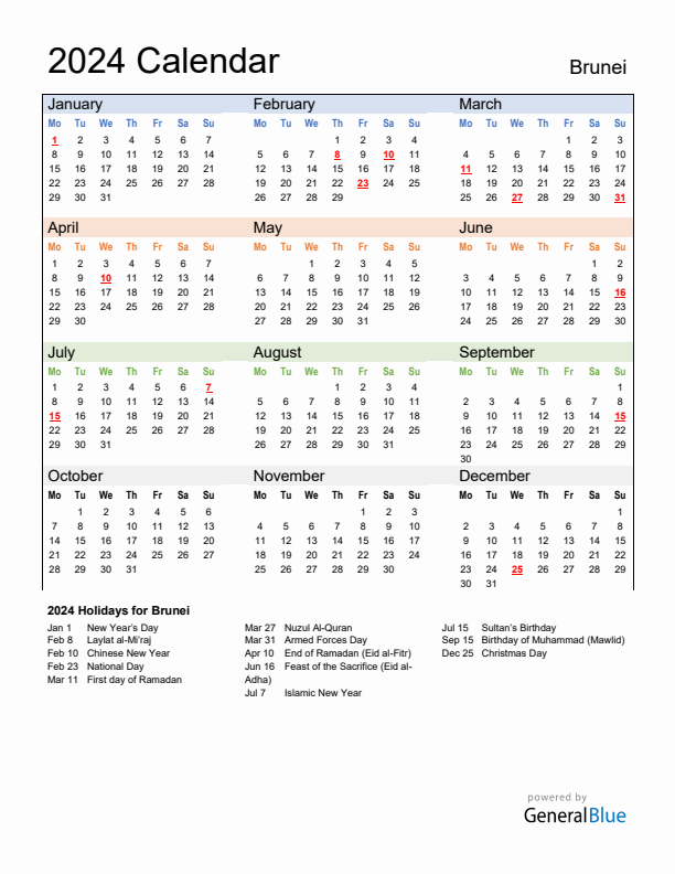 Calendar 2024 with Brunei Holidays