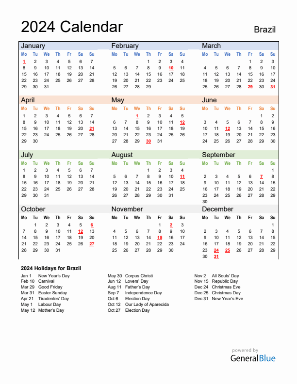 Annual Calendar 2024 with Brazil Holidays