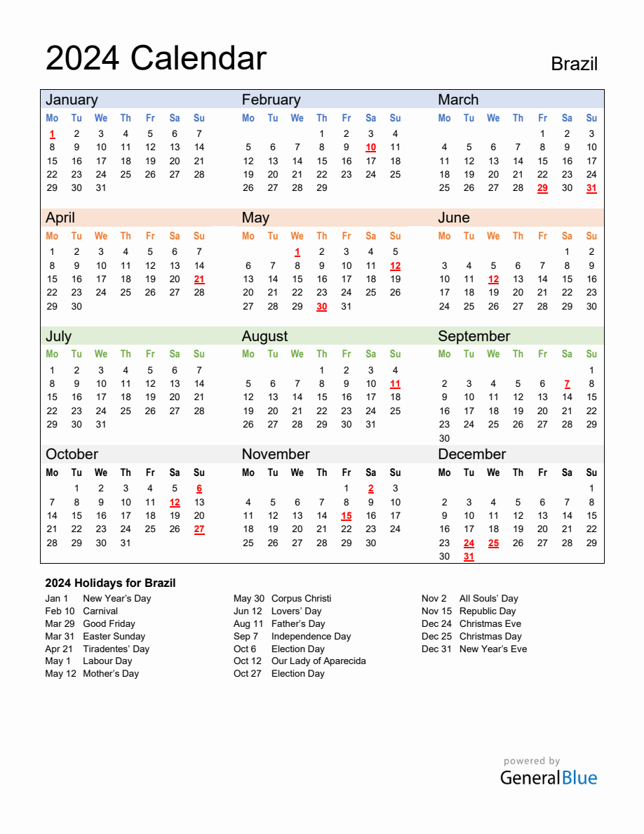 Annual Calendar 2024 with Brazil Holidays