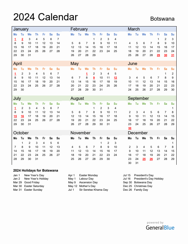 Calendar 2024 with Botswana Holidays