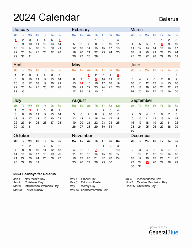 Calendar 2024 with Belarus Holidays