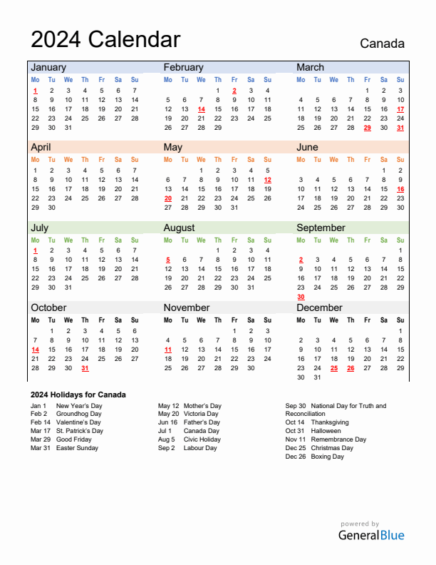 Calendar 2024 with Canada Holidays