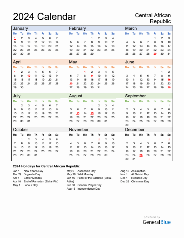 2024 Central African Republic Calendar with Holidays