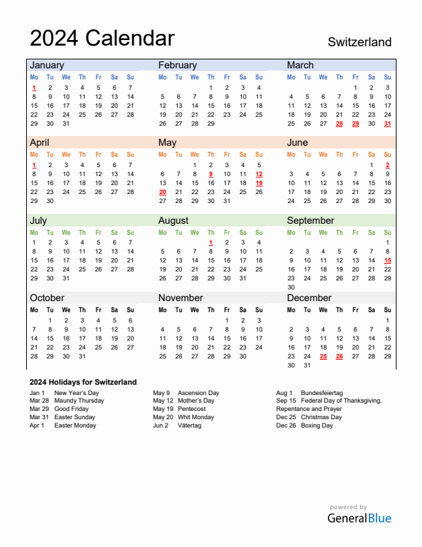 Annual Calendar 2024 with Switzerland Holidays