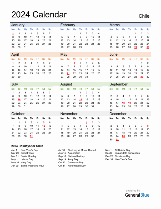 Calendar 2024 with Chile Holidays