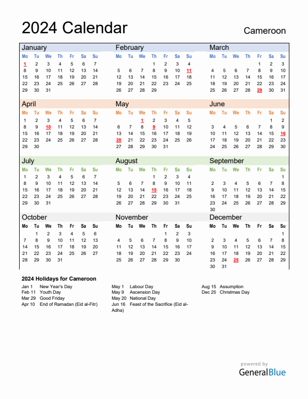 Calendar 2024 with Cameroon Holidays